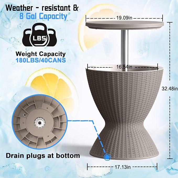 3-in-1 Outdoor Cocktail Table w/Built-in 8Gal Wine Cooler & All-Weather Ice Bucket - Adjustable Patio Bar Height Cooler Table for Poolside, Backyard, Outdoor Bar, Party & Picnic