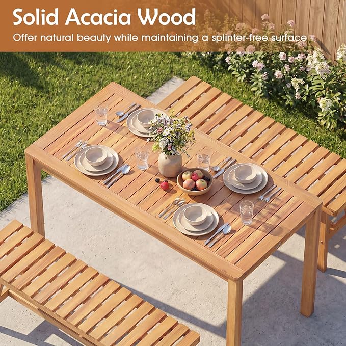 Tangkula 3 Pieces Acacia Wood Patio Dining Set, Outdoor Rectangular Table and Benches with Slatted Seats, Space-Saving Outside Furniture Set for Deck, Lawn, Garden and Backyard