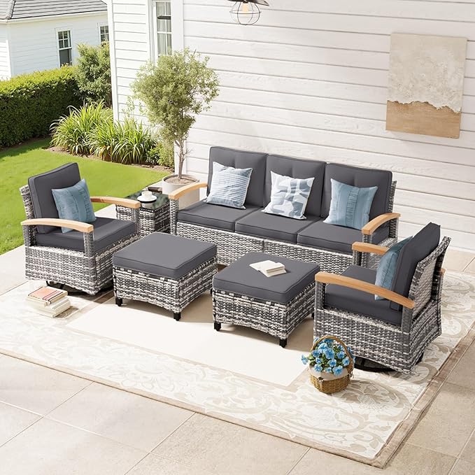 MEISSALIVVE 6 Pieces Patio Furniture Sets,Wicker Patio Conversation Sets with 2 Wood Armrests Swivel Glide Chairs, 2 Ottomans for Deck Yard and Poolside (Grey)
