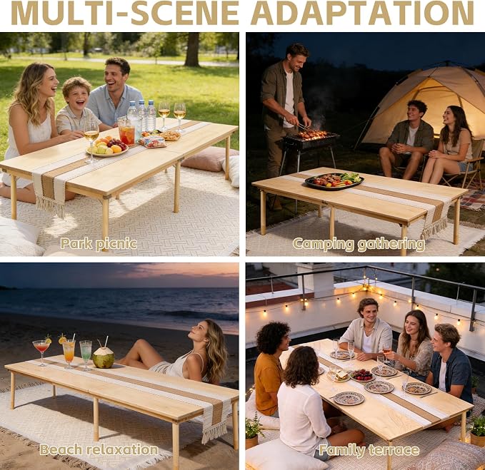 Folding Picnic Table with Boho Table Runner & Large Picnic Blanket, 60" x 30" Portable Wooden Picnic Table with Adjustable Heights for Indoor & Outdoor, Ideal for Camping, Beach, Wedding & Party