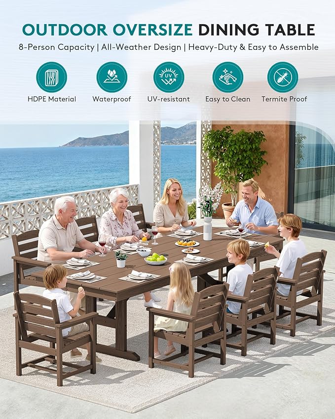 SERWALL Outdoor Dining Chairs Set of 2, All-Weather HDPE Patio Chair with 19.7" Widened Seat, for Backyard, Garden, Brown