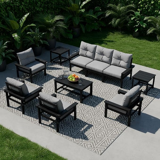 HDPE 7 Piece Patio Furniture Set, All-Weather Outdoor Couch Set with Thick Cushions & Coffee Table & Side Table, Patio Conversation Sets for Lawn, Garden, Porch, Balcony, Deck, Black & Grey