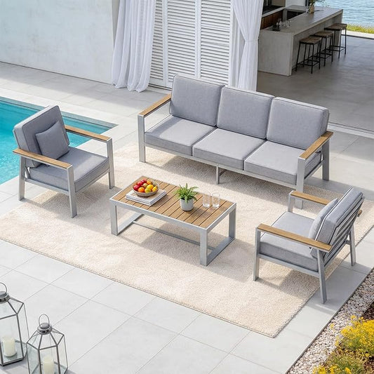 Premium Aluminum Patio Furniture Set 4 Piece,Outdoor Conversation Set with Wide Armrest,5" Thick Cushions, Olefin Fabric,Rustproof Metal Frame,Deep Seating Patio Sofa Set for Backyard,Deck,villa,White