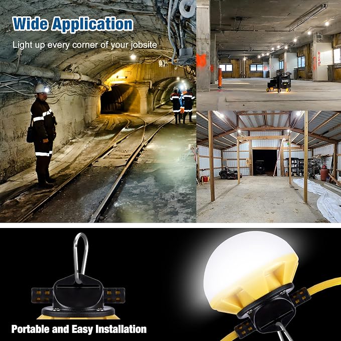 LED Construction String Light 50FT, 50W 6000Lm,18AWG Wire,5000K Linkable String Work Lights with 5 Bulbs & Hooks, Industrial Temporary Lighting for Construction Site, Crawl Space,Job Site,Attic