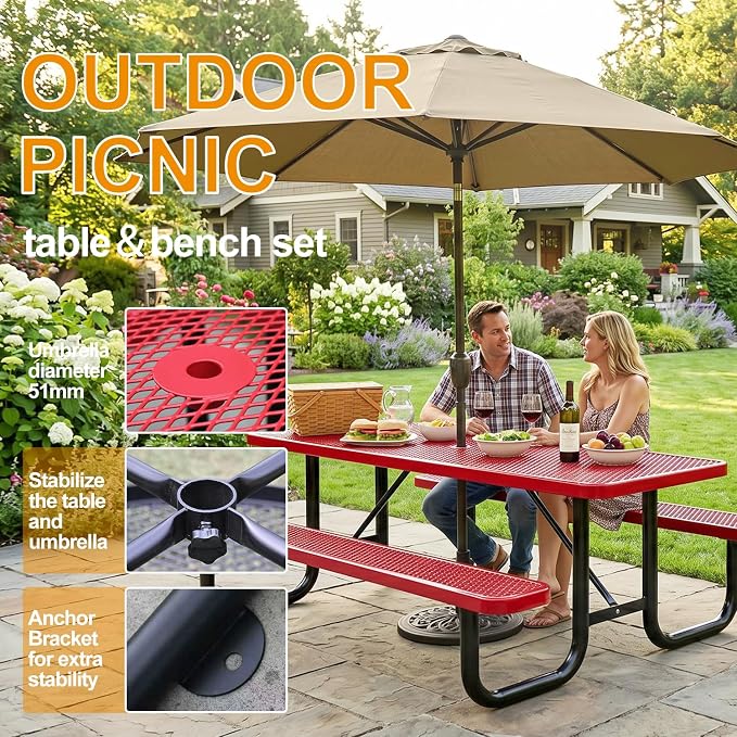 6ft Rectangular Picnic Table – Heavy-Duty Metal Mesh Outdoor Dining Table, Thermoplastic Coated Steel, Outdoor Living, Parks & Schools (red)
