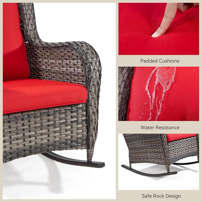 Outdoor Wicker Patio Rocking Chair - All-Weather Lawn Rocking Wicker Furniture with Alloy Steel Frame & Premium Fabric Cushion, Red
