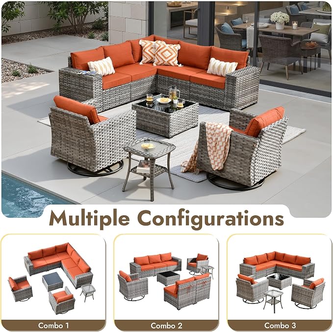 9 Pieces Patio Furniture Set, Wicker Outdoor Sectional Sofa with Swivel Chair Comfy Cushions, Modern Modular Deep Seat Rattan Couch Conversation Set for Backyard Porch Yard,Orange