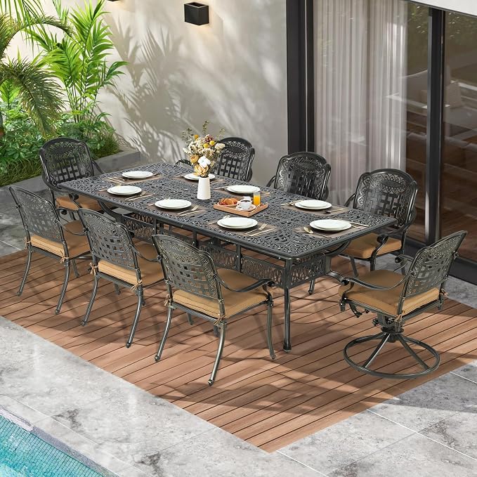 MEETWARM 9-Piece Outdoor Patio Dining Set for 8, All Weather Cast Aluminum Patio Funiture Table and Chairs Set- 94.5” Rectangular Table and 2 Swivel Rocker Chairs, 6 Stationary for Garden, Khaki