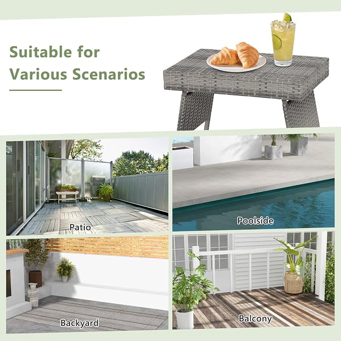 GOFLAME Wicker Table Patio Outdoor Poolside Garden Lawn Bistro Foldable Portable Leisure Standing Coffee Side Table, Grey