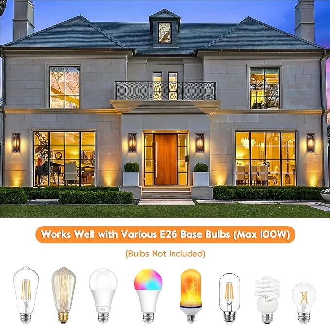 Outdoor Wall Light Fixtures, Modern Brown Porch Wall Lanterns | Waterproof Construction & Durable Metal, Rust-Resistant, Quick & Easy Installation, Ripple Glass Shades & Standard E26 Socket