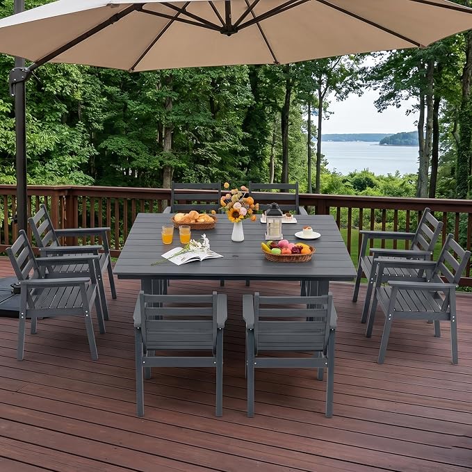 10-Piece Outdoor Dining Set, All-Weather HDPE Patio Furniture, Two 66.5" Slatted Table with 1.6" Umbrella Hole & 8 Ergonomic Armchairs, Heavy Duty 350lbs Capacity, UV Resistant, Gray
