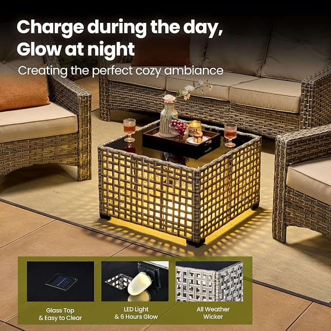 4 Piece Patio Furniture Set with Solar Light Coffee Table, Heavy Duty Wicker High Back Sofa Chairs with Thick Cushion, Small Outdoor Conversation Sets for Backyard Garden Porch, Beige