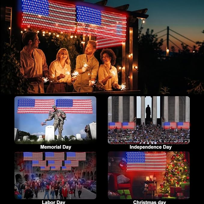 HYH American Flag LED Lights, 420 LEDs Net Light Up Flag Outdoor Waterproof | USA Super Bright Flags Light for 4th of July, Memorial Day, Independence Day, Garden Yard Holiday Party Christmas Decoration