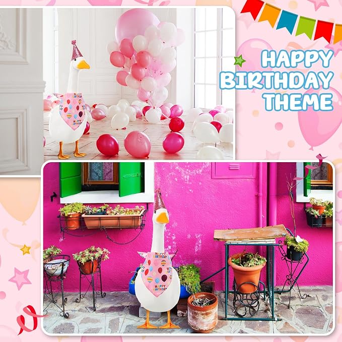 Happy Birthday Goose Outfit with Glitter Hat and Bandana,Pink | for 23" 17" Cement Plastic Porch Goose, Outdoor Statue Patio Yard Lawn Art