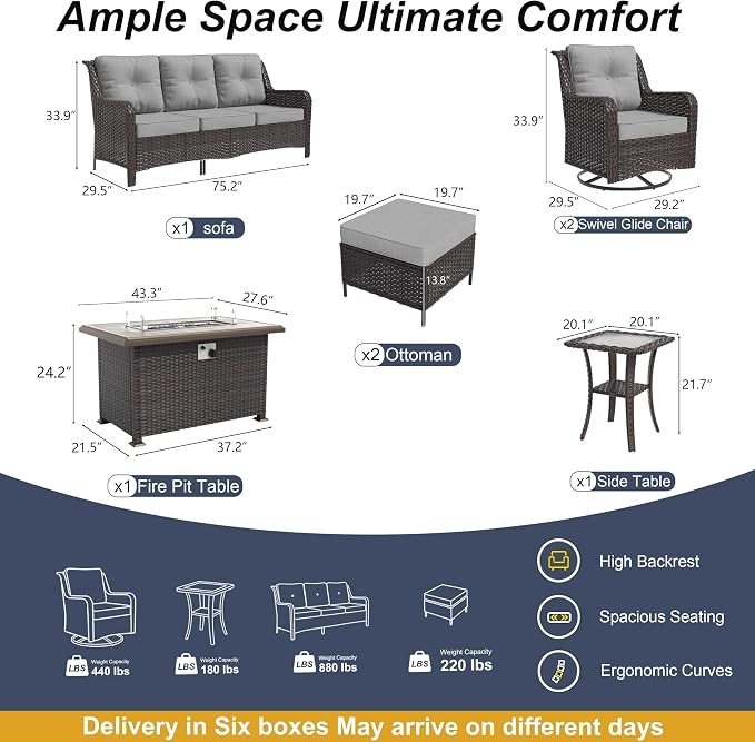 7-Piece Patio Furniture Set, Thick Wicker Outdoor Furniture Set with 2 Swivel Chairs, Outdoor Sectional Sofa Couch with Fire Pit Table, Patio Conversation Set for Backyard, Porch, Deck, Grey