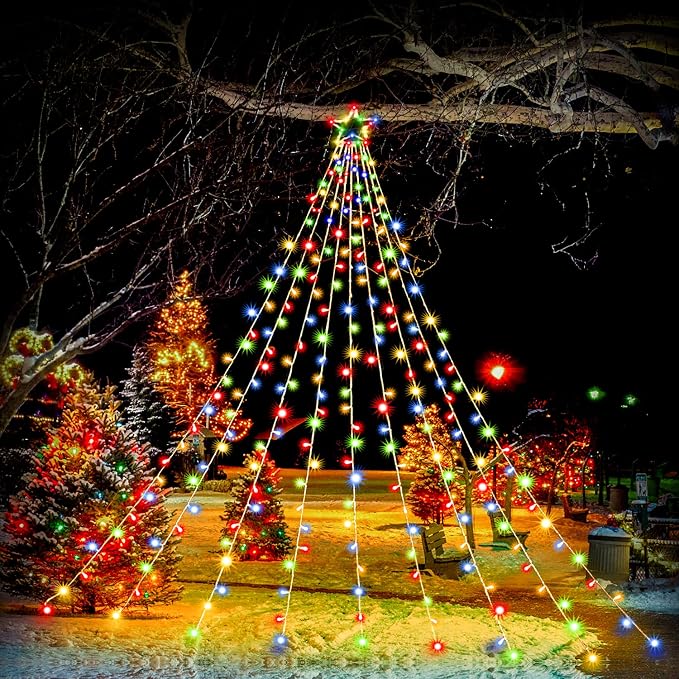 Christmas Decorations, Outdoor Christmas Lights, 320 LED Outdoor Christmas Tree String Lights with 12" Star Toppers [8 Modes& Waterproof] for Xmas New Year Holiday Decor (Multicolored)
