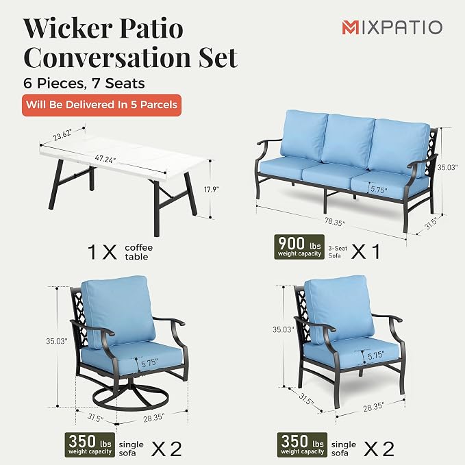 MIXPATIO Patio Furniture Set 6 pcs, Outdoor Patio Furniture, 1 X 3-Seat Sofa, 2 X Single Chairs, 2 X Swivel Chairs, 1 X Coffee Table and 5.75" Extra Thick Cushion, Patio Conversation Set,Blue