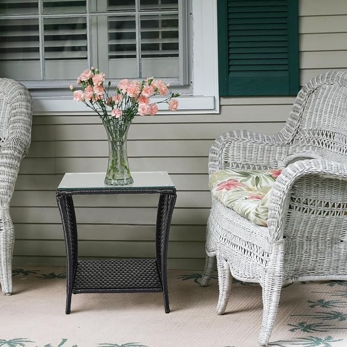 VINGLI Outdoor Wicker Side Table Patio Side Tables for Outside, Tempered Glass Top Wicker Table with Storage End Table for Balcony Porch Deck (Black)