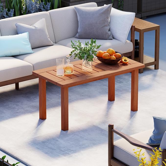 HAPPYGRILL Outdoor Wooden Coffee Table Patio Solid Wood Center Table with Slatted Tabletop, Rectangular Outside Table for Deck, Poolside, Backyard, Garden