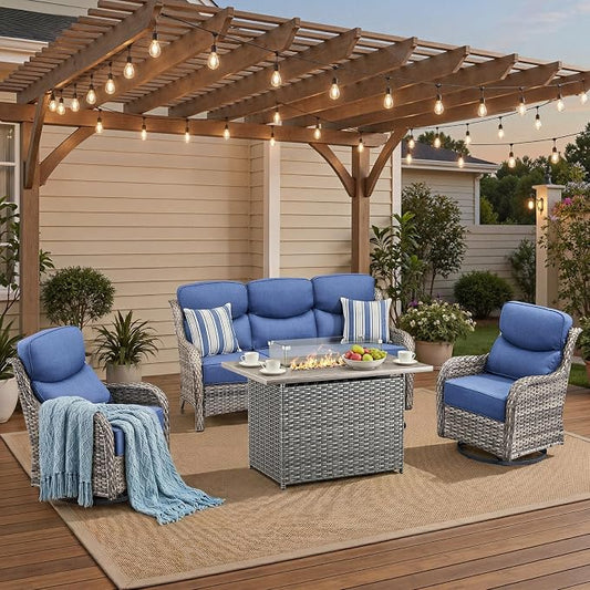 Luxury High Back Patio Furniture Set with 6-Inch Thick Cushions, 4-Pieces Outdoor Furniture with Swivel Chairs, Wicker Conversation Set for Porch, Balcony, Deck and Yard, Grey/Blue