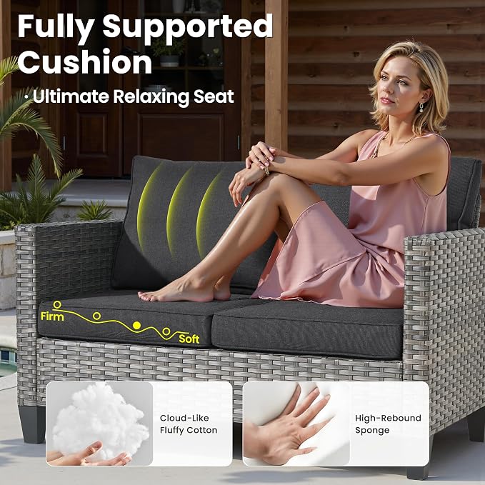 ovios 7 Pieces Patio Furniture Set, Outdoor Wicker Rattan Sofa Couch with Swivel Glider Chairs Loveseat Comfy Cushions Modern Conversation Set for Backyard Porch, Black