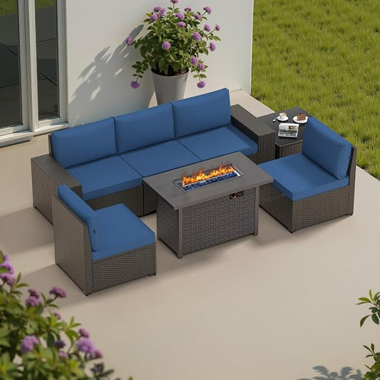 Patio Furniture Set, 7PCS Patio Sectional w/ Fire Pit Tabel Ottoman Wicker Rattan Outdoor Furniture with Thickened Cushion Modular Wicker Patio Conversation Set with Glass Top Table for Balcony(Blue)