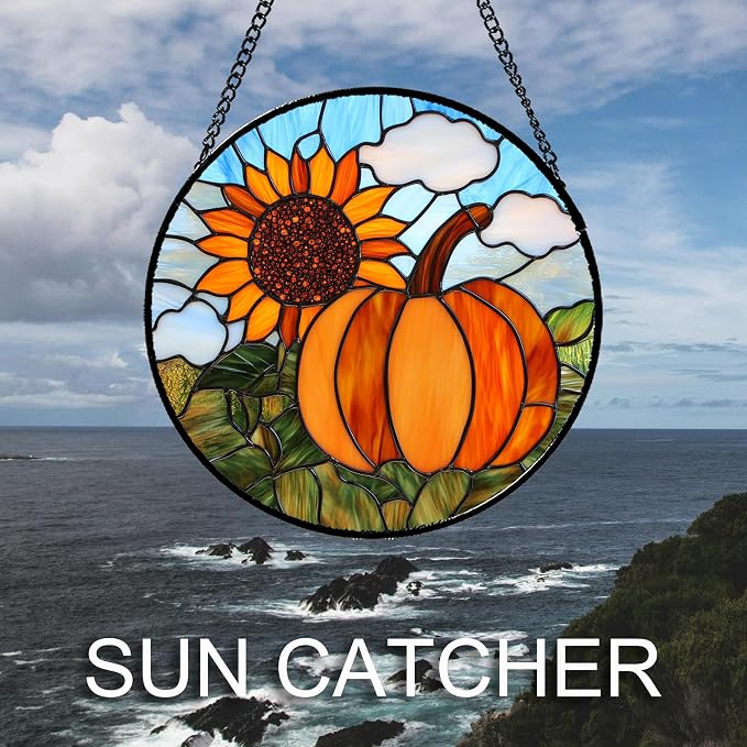 DASTOLL Stained Glass Window Hanging Fall Farm Scenery Sunflower Pumpkin Large 11.8" - Suncatcher Door Garden Kitchen Sunroom Sun Catcher Home Decor Birthday for Mom Grandma Men Woman