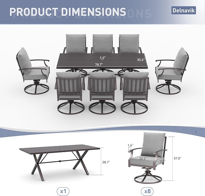 Kurapika 9 Pieces Patio Dining Set Outdoor Furniture with 8 Swivel Chairs, Metal Patio Furniture Set 8 Chairs and Large Table with Umbrella Cutout for Yard Porch Deck, Grey