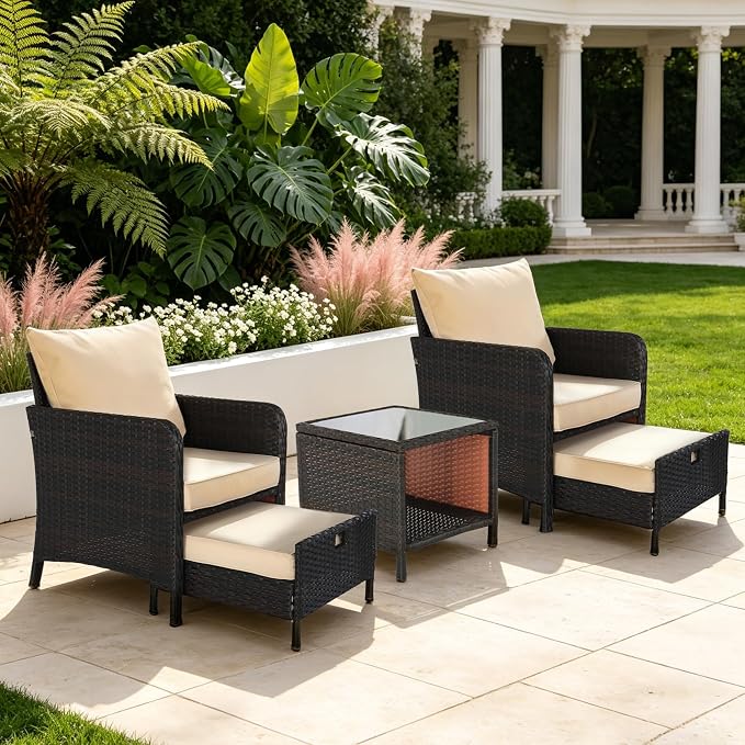 YLGJ&TIDY 5 Pieces Patio Furniture Set, Rattan Outdoor Lounge Chairs with Soft Cushions,Outdoor Wicker Patio Conversation Set with Hidden Ottoman and Coffee Table for Porch, Garden, Backyard (Khaki)