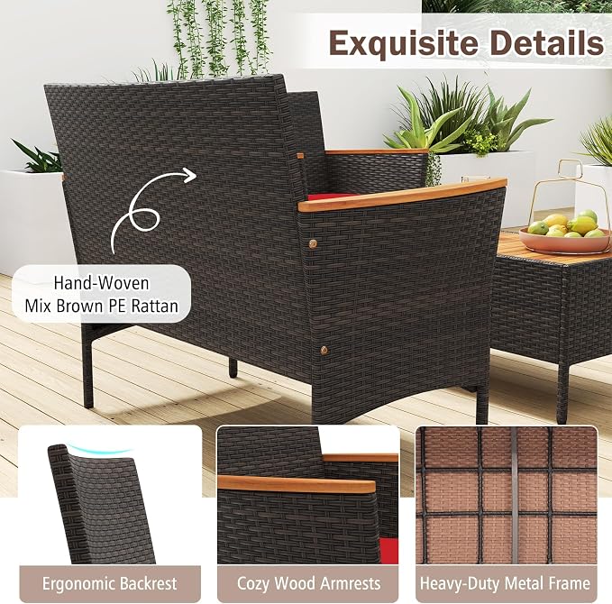 Tangkula 4 Pieces Patio Wicker Sofa Set, 2 Rattan Chairs & Loveseat w/Coffee Table, Acacia Wood Armrests & Tabletop, Outdoor Cushioned Conversation Set for Backyard, Poolside (Red, 4 Pieces)
