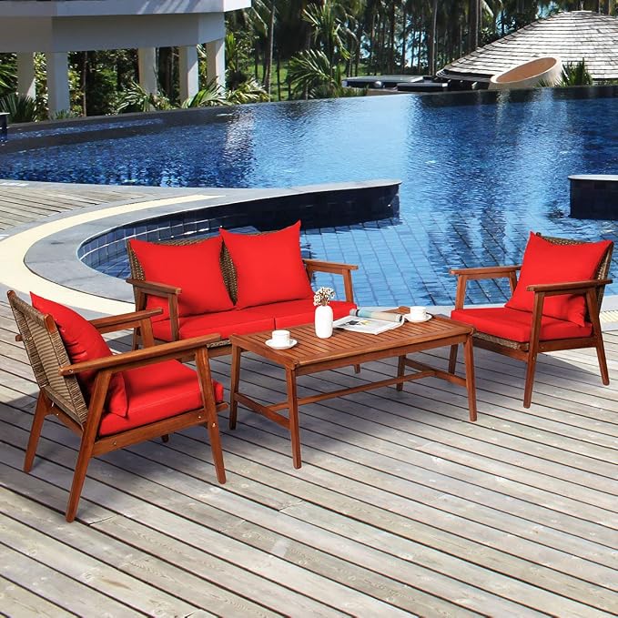 Tangkula 8 PCS Patio Wood Sofa Set, Outdoor Acacia Wood Seating Chat Set with Cushions & Coffee Table, Sectional Conversation Sofa Set for Garden, Backyard, Poolside (2, Red)