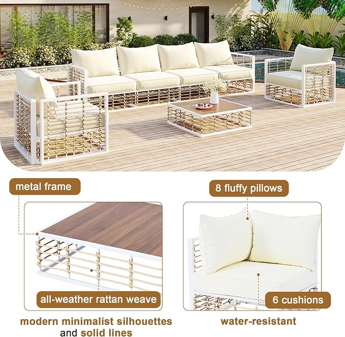 7-Piece Metal Patio Sectional Sofa Set, Free Combination Sofa Set with Coffee Table, All-Weather Garden Conversational Furniture Set with Thick Cushions and 8 Pillows (White Frame+Ivor Cushion)