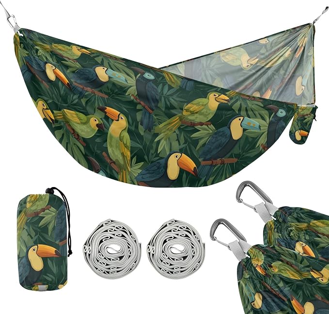 Camping Hammock Outdoor Hammocks for Outside Toucan Green Plant Beach Trees Portable Lightweight with Pockets Tree Straps Indoor