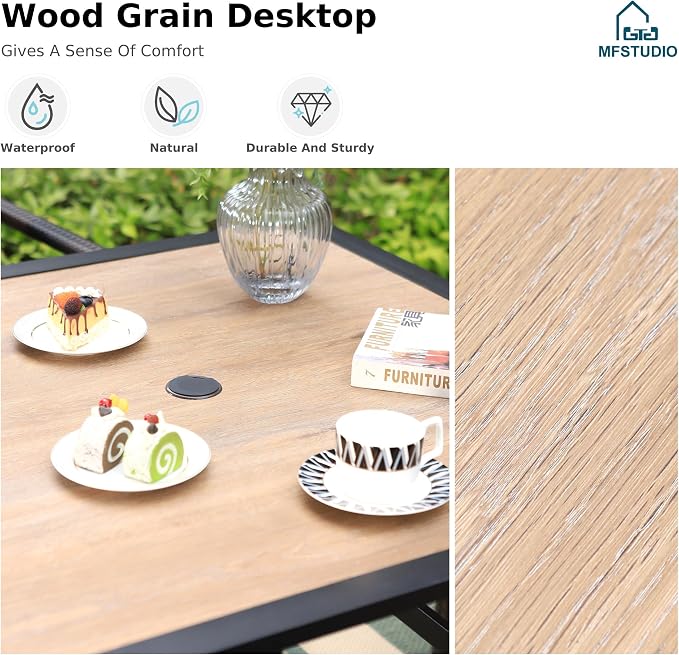 MFSTUDIO 5 Piece Patio Dining Table Set for 4, 37" Square Outdoor Metal Table & Wicker Chairs, Patio Dining Furniture Wood-Like Table and Chairs for 4, Deck, Yard, Porch