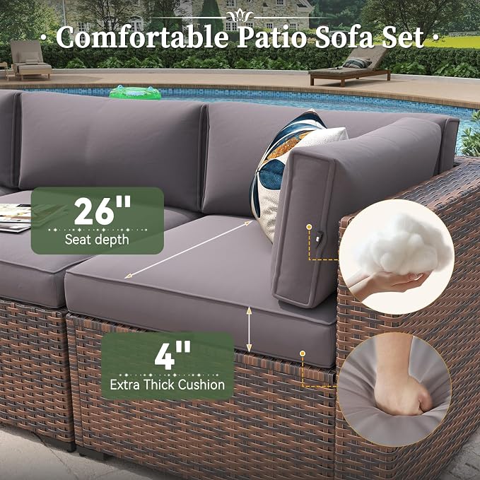 Aoxun 11 Piece Patio Furniture Set with 44” Fire Pit Table Wicker Rattan Outdoor Sectional Sofa Set with Coffee Table and Thickened Cushions, Gray