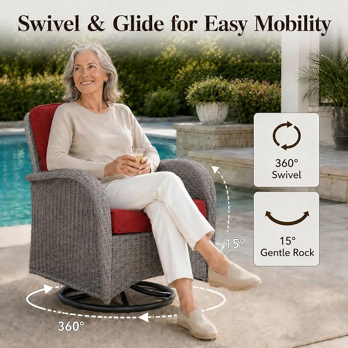 3-Piece Wicker Patio Bistro Set, 2-Pack Swivel Rocking Chairs, Grey/Red | 2-pack chairs, 360-degree swivel, Olefin fabric, removable covers, 4-inch cushions, 2-tier side table, porch use