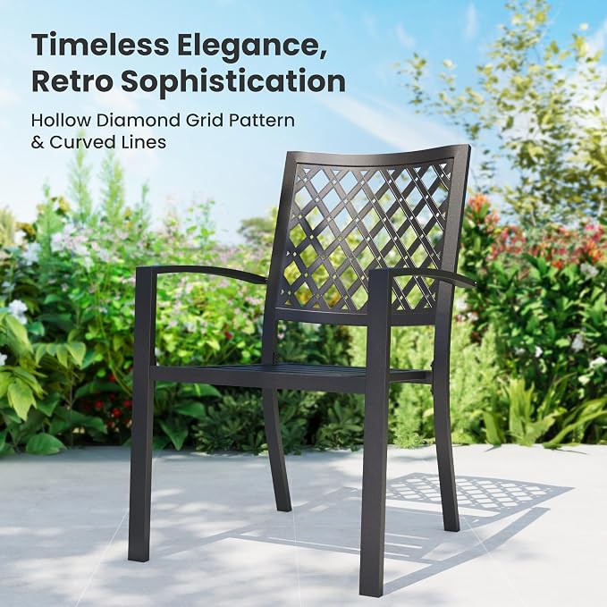 PHI VILLA 7 Pcs Outdoor Dining Set, 65" Wood-Like Table w/Umbrella Hole | Steel Table with Umbrella Hole&Fixed/Swivel Chairs with Cushions,Wrought Iron Furniture for Patio, Deck, Yard, Porch