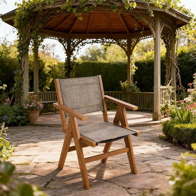 Patio Outdoor Chair, Dining Chair, Durable HIPS Material, Ergonomic Design, Mesh Chair for Patio, Gardens, Pool, Camping ect.（Teak Color）