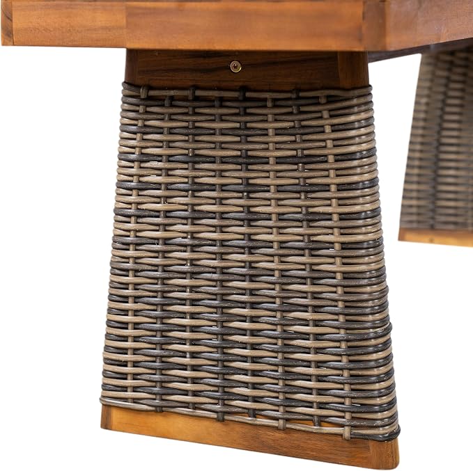 Christopher Knight Home Pasco Acacia Wood Outdoor Dining Table Set for 6, Wicker Patio Dining Set with Acacia Wood Table and Bench, Patio Table and Chair Set with Cushion+Rope Backrest, Teak+Grey
