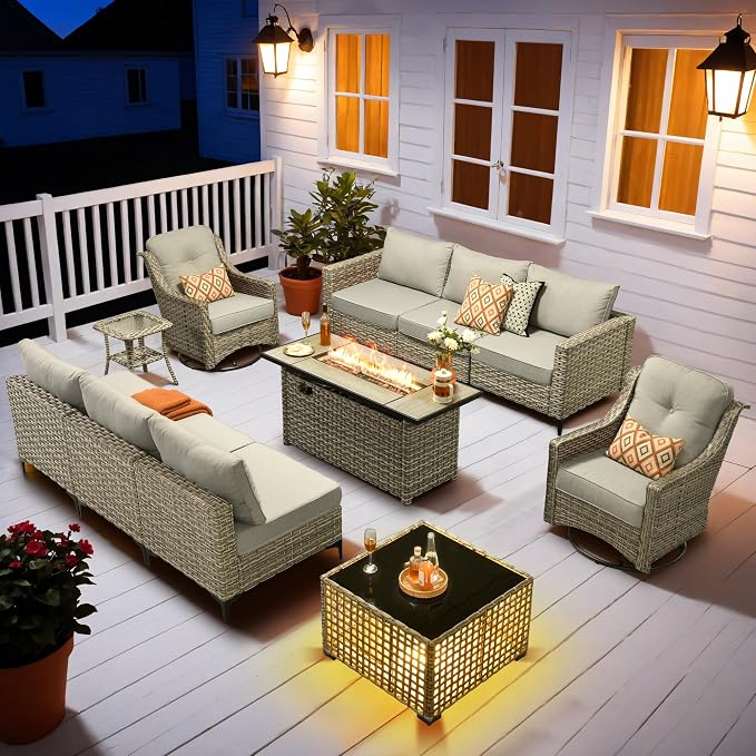 HOOOWOOO Outdoor Patio Furniture Set with Fire Pit Table,11 Pieces Wicker Out Door Sectional Furniture L Shaped Couch,Outside Patio Conversation Swivel Chair Sets,Light Gray