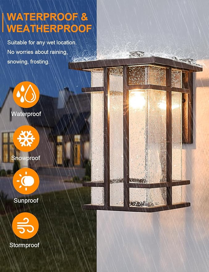 Rustic Dusk to Dawn Outdoor Wall Light Fixture 13.8"H Oil Rubbed Bronze Exterior Wall Sconces with Seeded Glass Sensor Outdoor Wall Lantern for House Patio Porch Entryway Garage Wall Lamps Waterproof