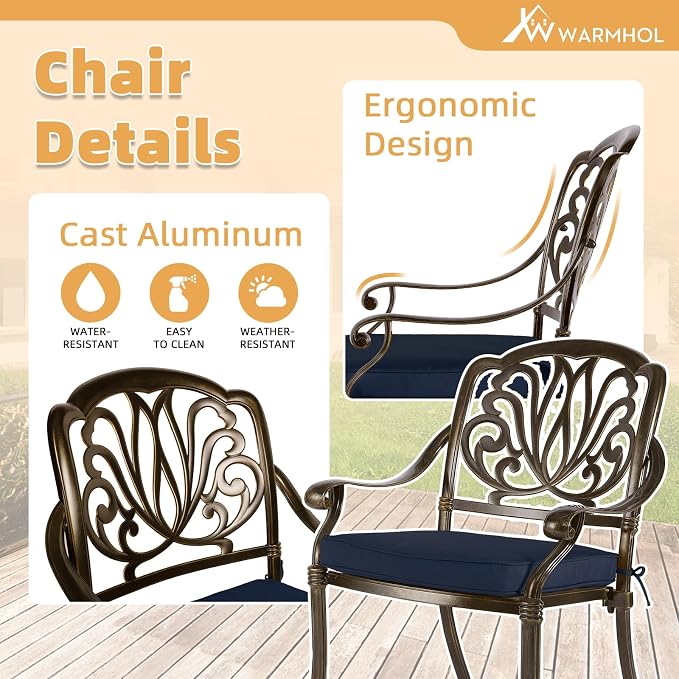5-Piece Outdoor Patio Dining Set, All-Weather Cast Aluminum Patio Furniture Set for Backyard Garden Deck with 4 Chairs, 4 Cushions and 35.4” Square Table, 2.2" Umbrella Hole, Navy