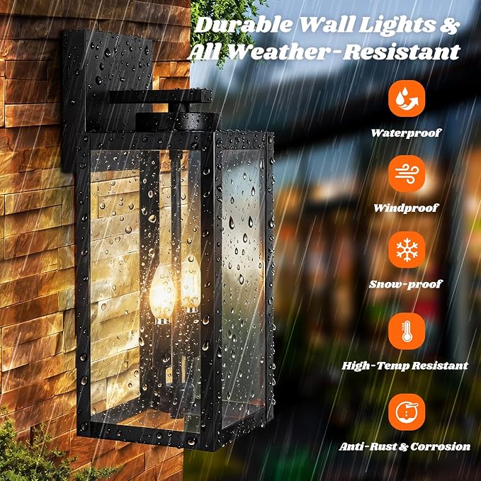 2-Pack 18inch Outdoor Light Fixtures, Waterproof Black Outside Wall Lanterns with Clear Glass, Anti-Rust Exterior Wall Sconces, Front Porch Lights for House Garage Doorway, Bulbs Not Included