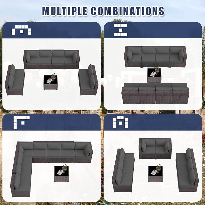 Kurapika 9 Pieces Patio Furniture Set, Rattan Wicker Outdoor Conversation Sets w/4 Inch Cushion and Glass Coffee Table(Grey)