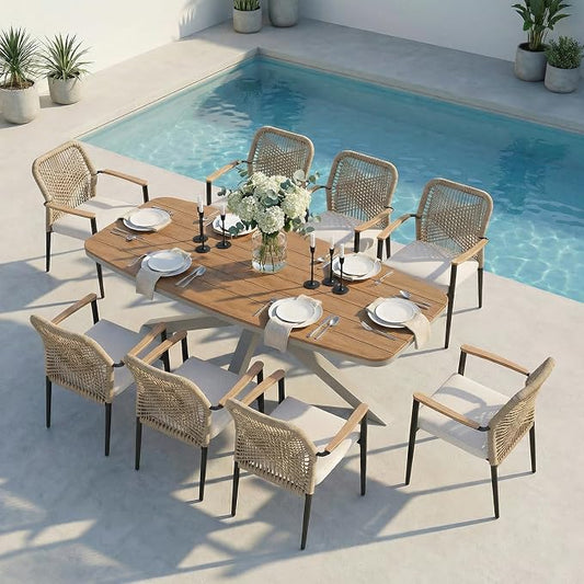 SUNSITT 9 Piece Outdoor Patio Dining Set, Patio Dining Furniture Set with 87” Aluminum Dining Table w/X Base Legs and 8 Woven Wicker Patio Chairs w/WPC Armrests for Garden, Flaxen