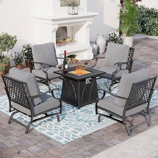 SUNSHINE VALLEY 5 Piece Metal Outdoor Patio Furniture Set with Fire Pit Table, Patio Conversation Sets 4 Rocking Chairs with 5.75" Thick Cushion and 5000 BTU Fire Pit Table, Backyard Furniture, Gray