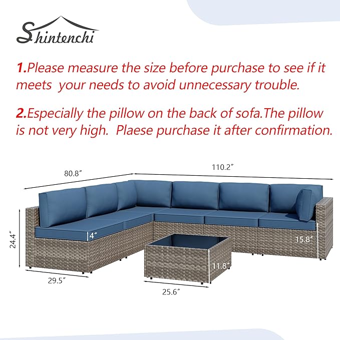7 Piece Outdoor Patio Furniture Set,Natural PE Rattan Wicker Sectional Sofa, All Weather Conversation Set with Washable Cushions & Glass Coffee Table for Backyard Poolside Garden Porch,Navy Blue