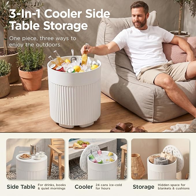 PASAMIC Outdoor Cooler Side Table, 3-in-1 Patio Ice Cooler Table with Storage, HDPE Outdoor Table with Drain Plug, Holds 24 Cans & Fits Wine Bottles, Poolside Deck Backyard (White)