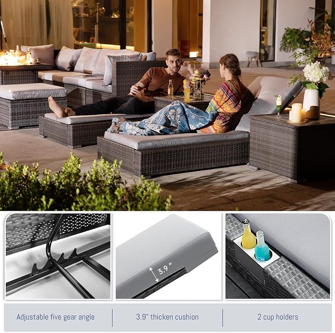 BULEXYARD 11 Piece Large High Back Grey Rattan Patio Furniture Sets with Firepit Table and Loungers, Comfortable Extra Deep Wide Seat Outdoor Sectional Conversation Couch Sofa Modualr, Light Gray