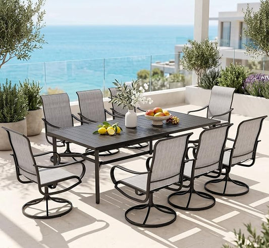 Sophia & William Outdoor Dining Set for 8 Patio Dining Sets 9 Pieces Patio Table and Chairs Set with 8 × Swivel Textilene Chairs and 82" Large Metal Table for Deck Garden Pool All Weather (Grey)